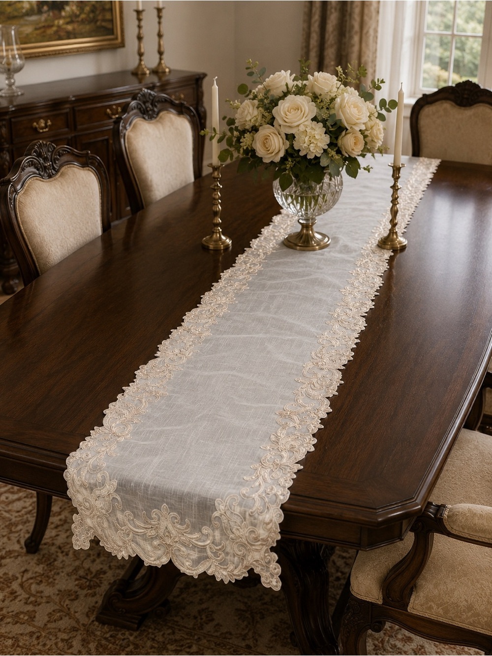 Elegant Cream Lace-Trim Table Runner